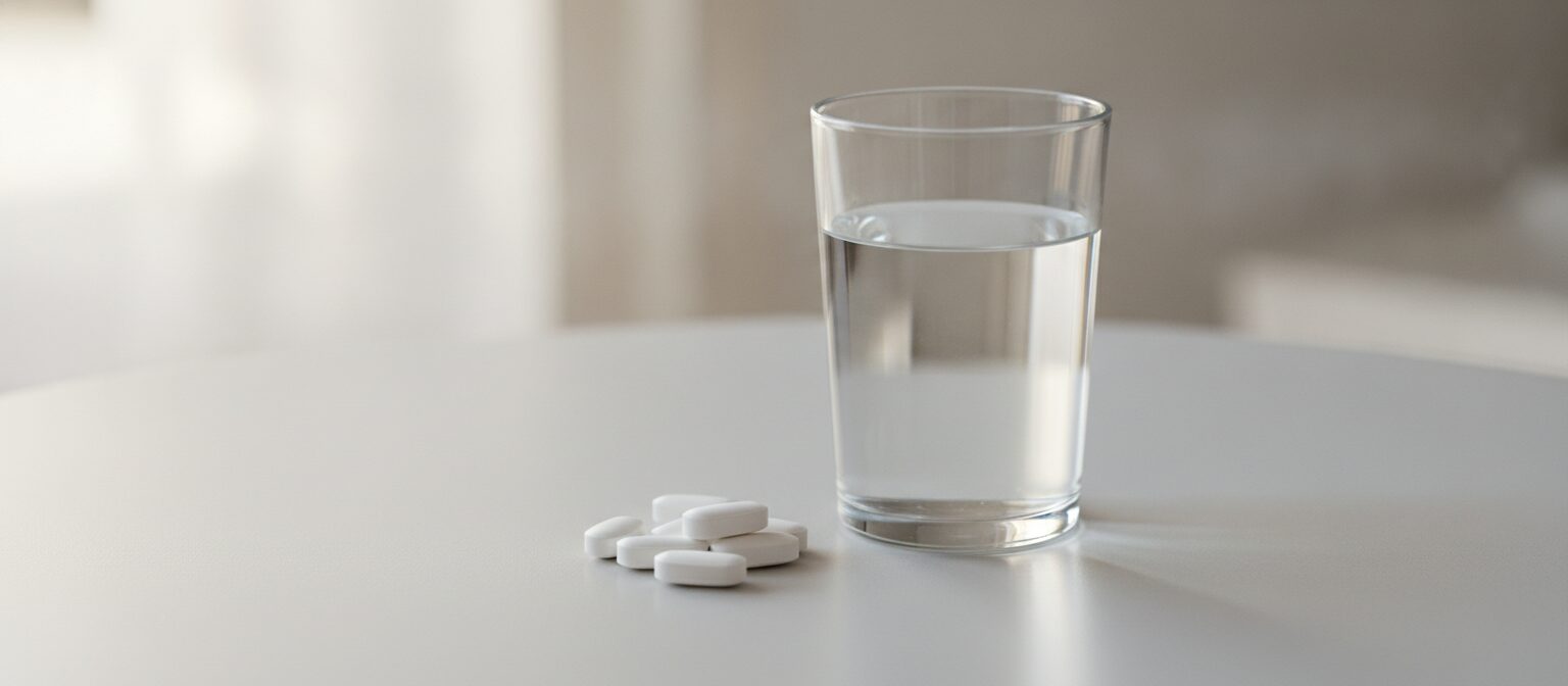 White daily oral tablets beside a glass of water