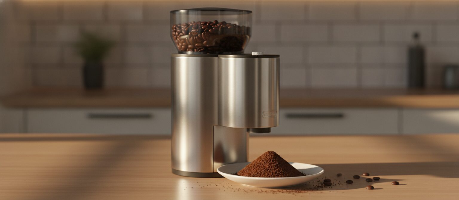 A burr coffee grinder with fresh grounds and whole beans