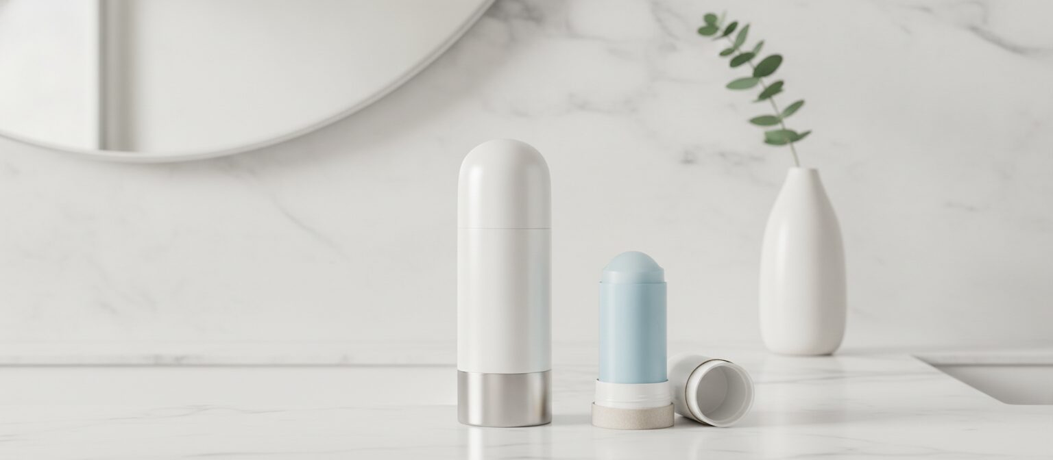 Refillable deodorant case with a replaceable refill on a bathroom counter