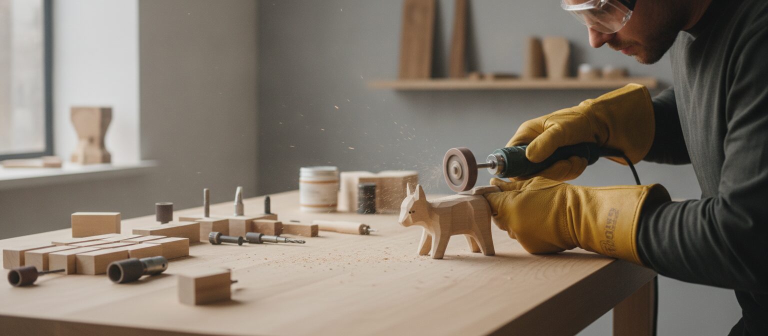 Person using a handheld rotary tool on a small workshop project