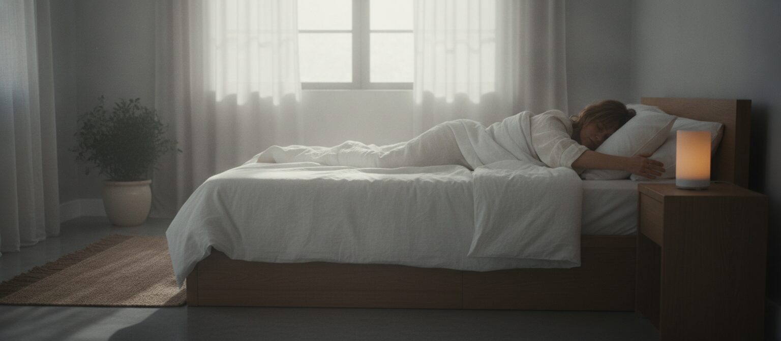 Person waking gently in a softly lit bedroom at sunrise