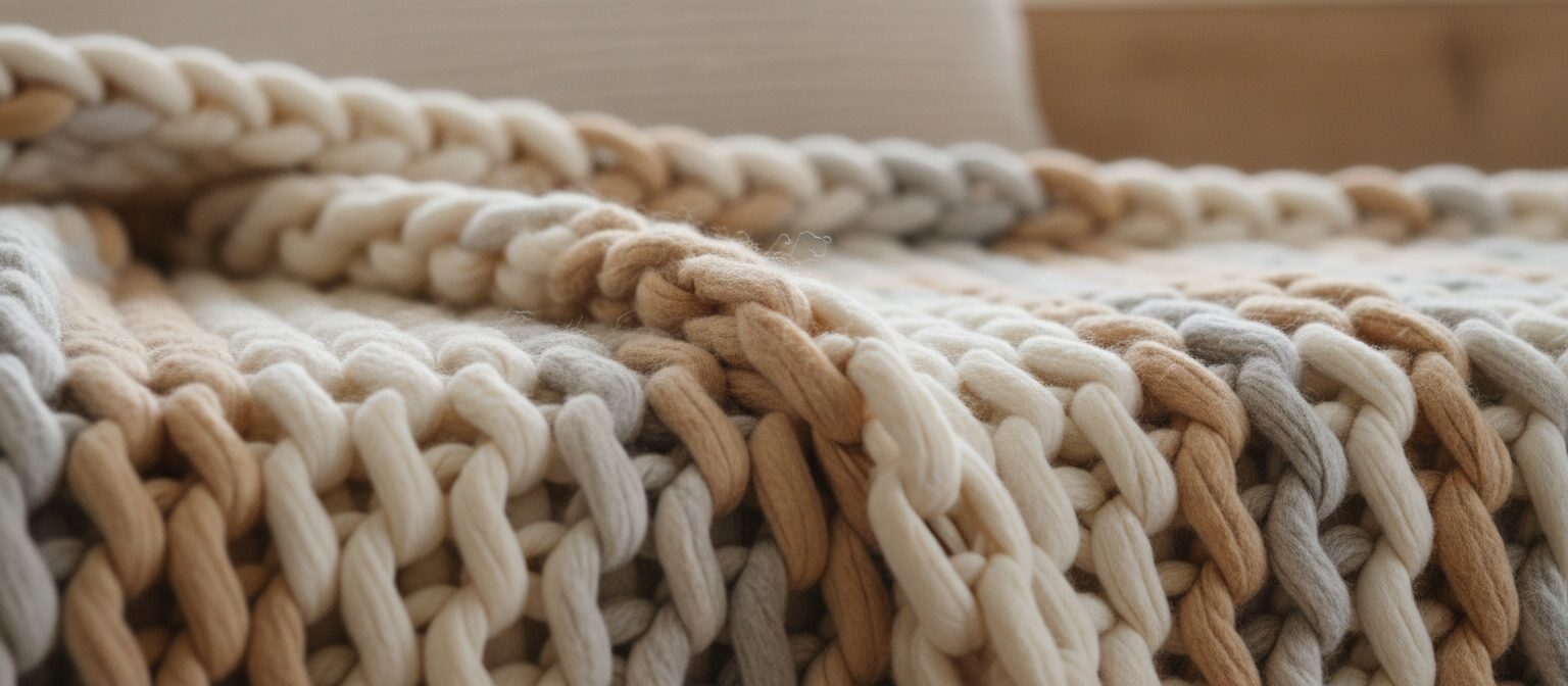 Close-up of a chunky knit cotton blanket showing its open loose weave