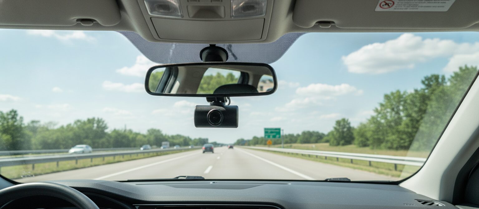 A compact dash cam mounted behind the rearview mirror with a clear road ahead