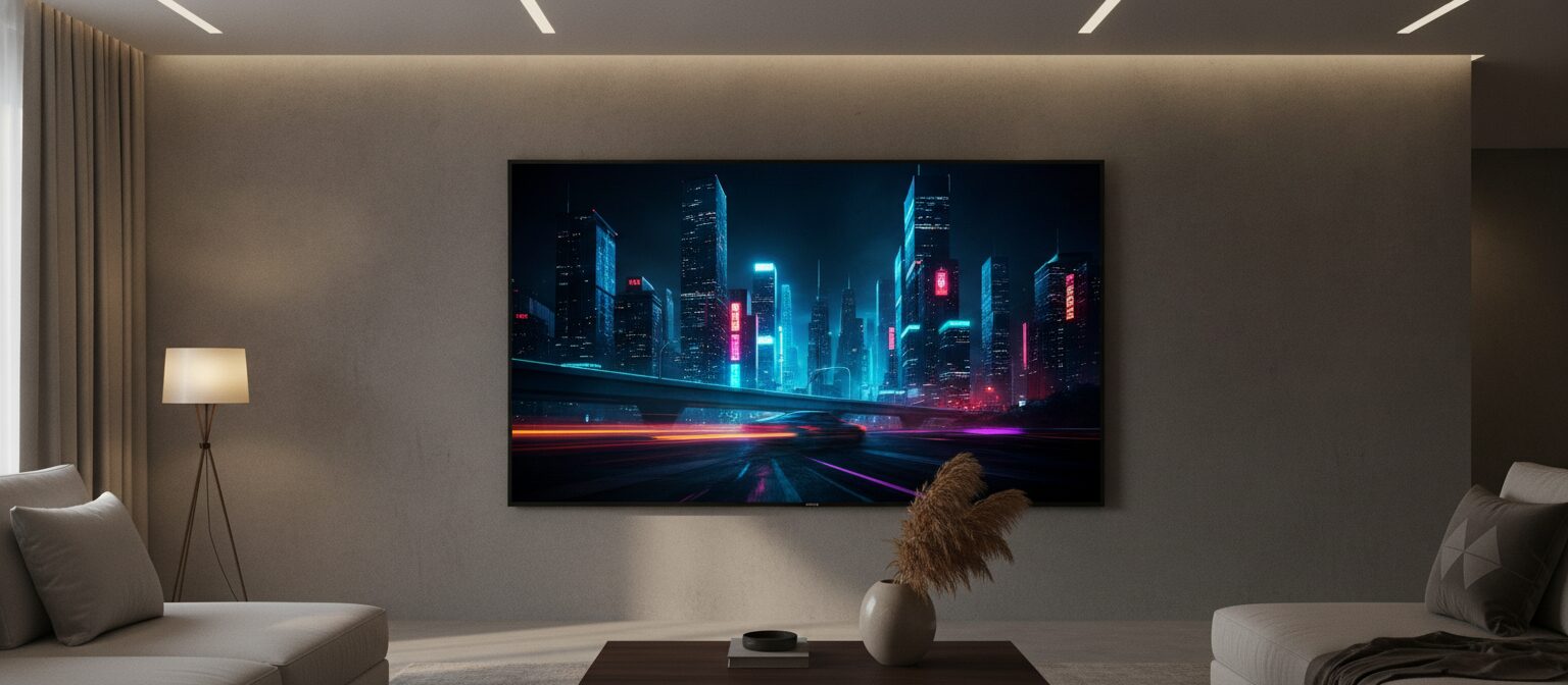 A television showing a vivid cinematic scene with deep blacks in a dimly lit room