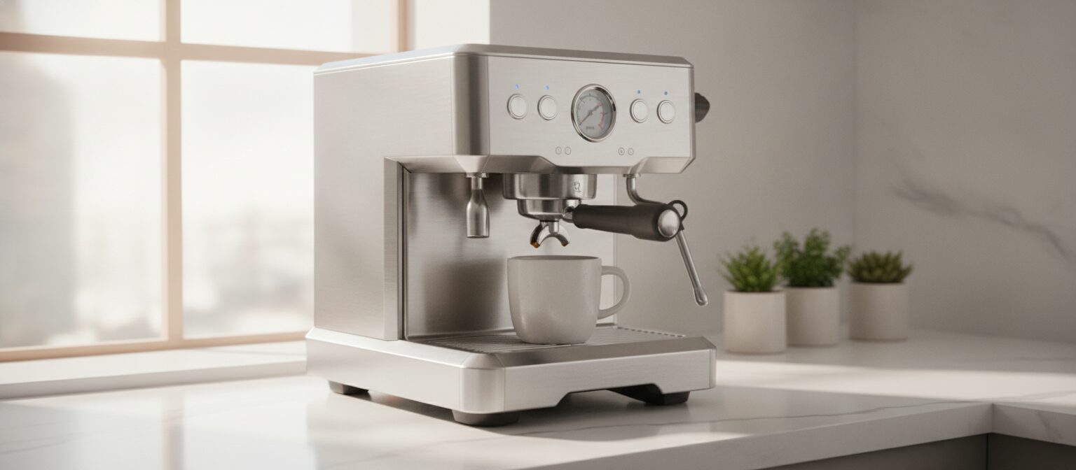 A stainless-steel semi-automatic espresso machine with a portafilter on a kitchen counter