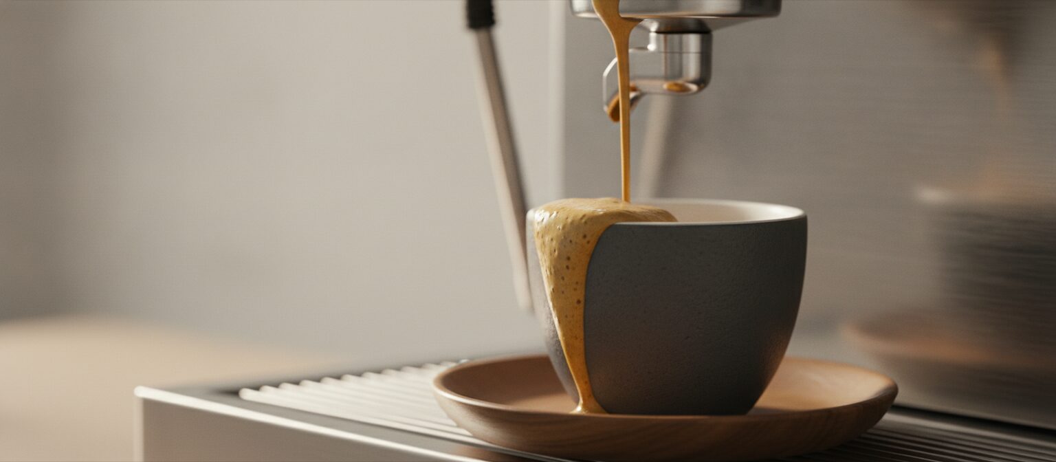 Freshly pulled espresso with rich golden crema flowing from a portafilter into a cup