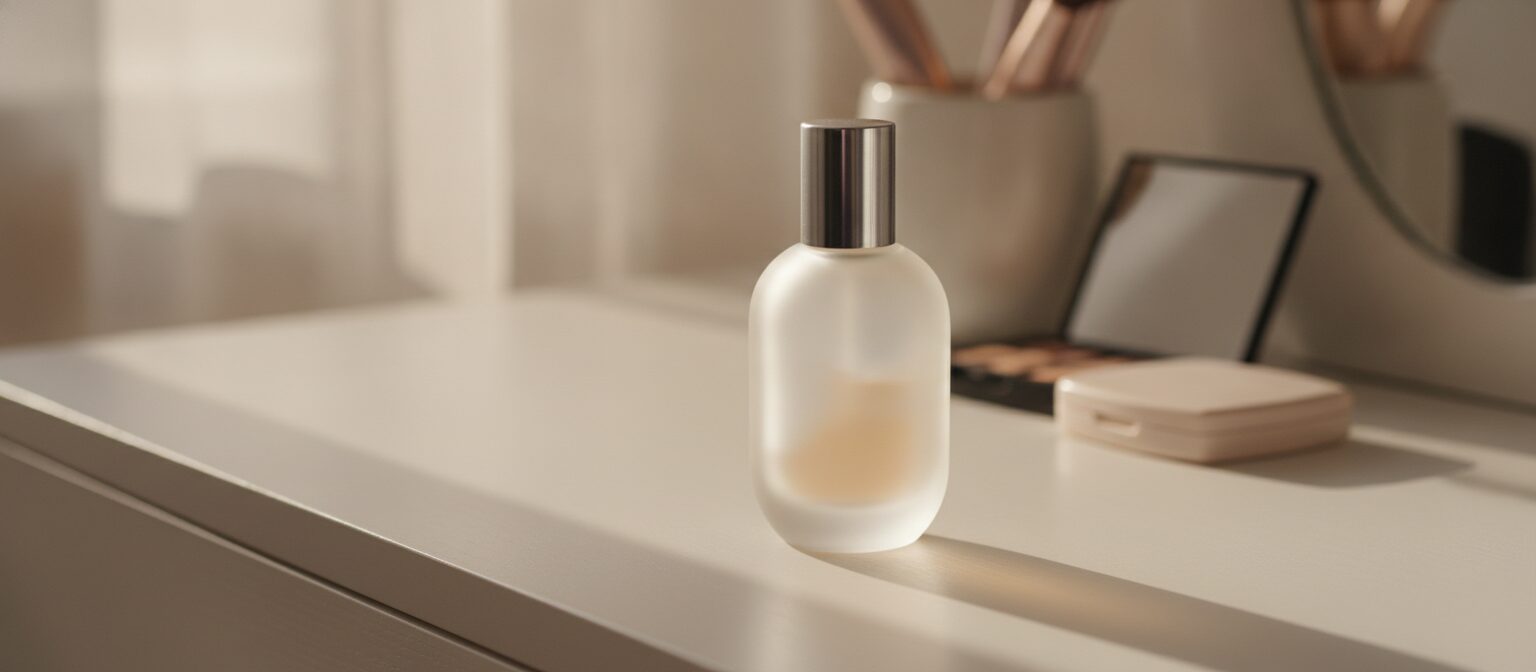 A frosted perfume mist bottle on a bright dresser in soft morning light