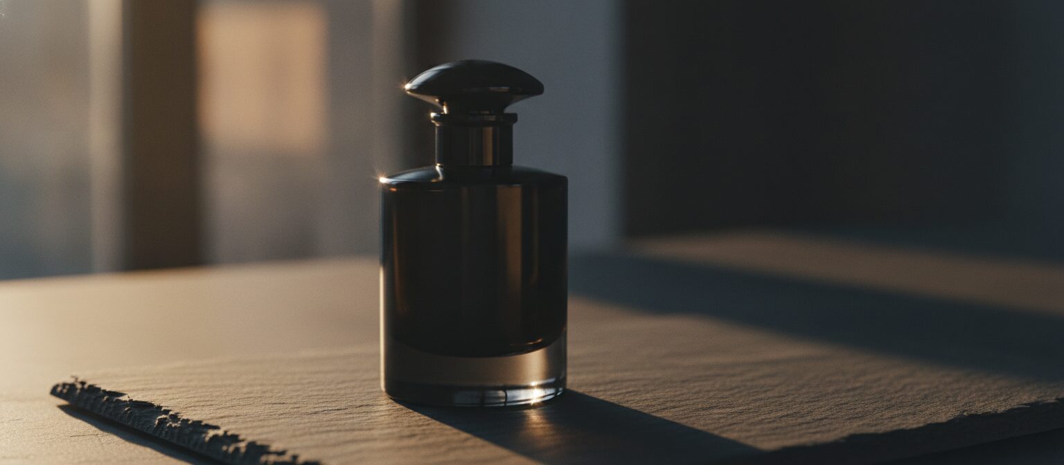 A dark elegant glass perfume bottle on a moody surface in warm evening light