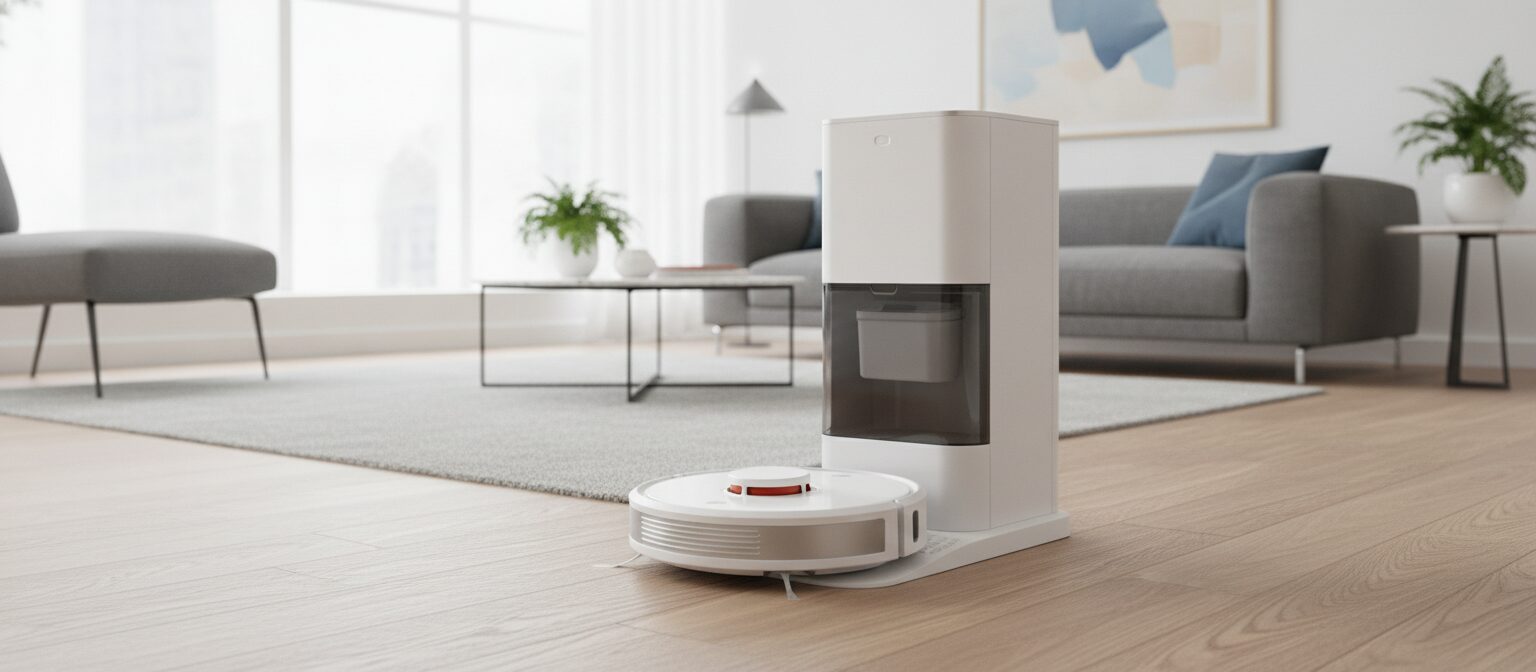 A robot vacuum docked at its all-in-one base station in a modern home