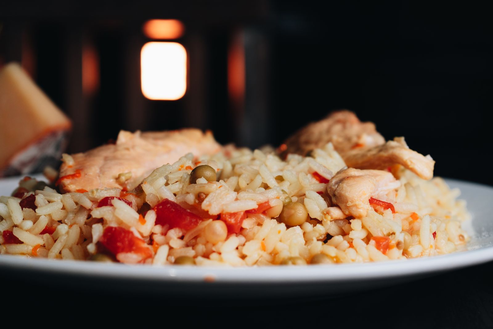 A plate of chicken with rice, a high-protein meal