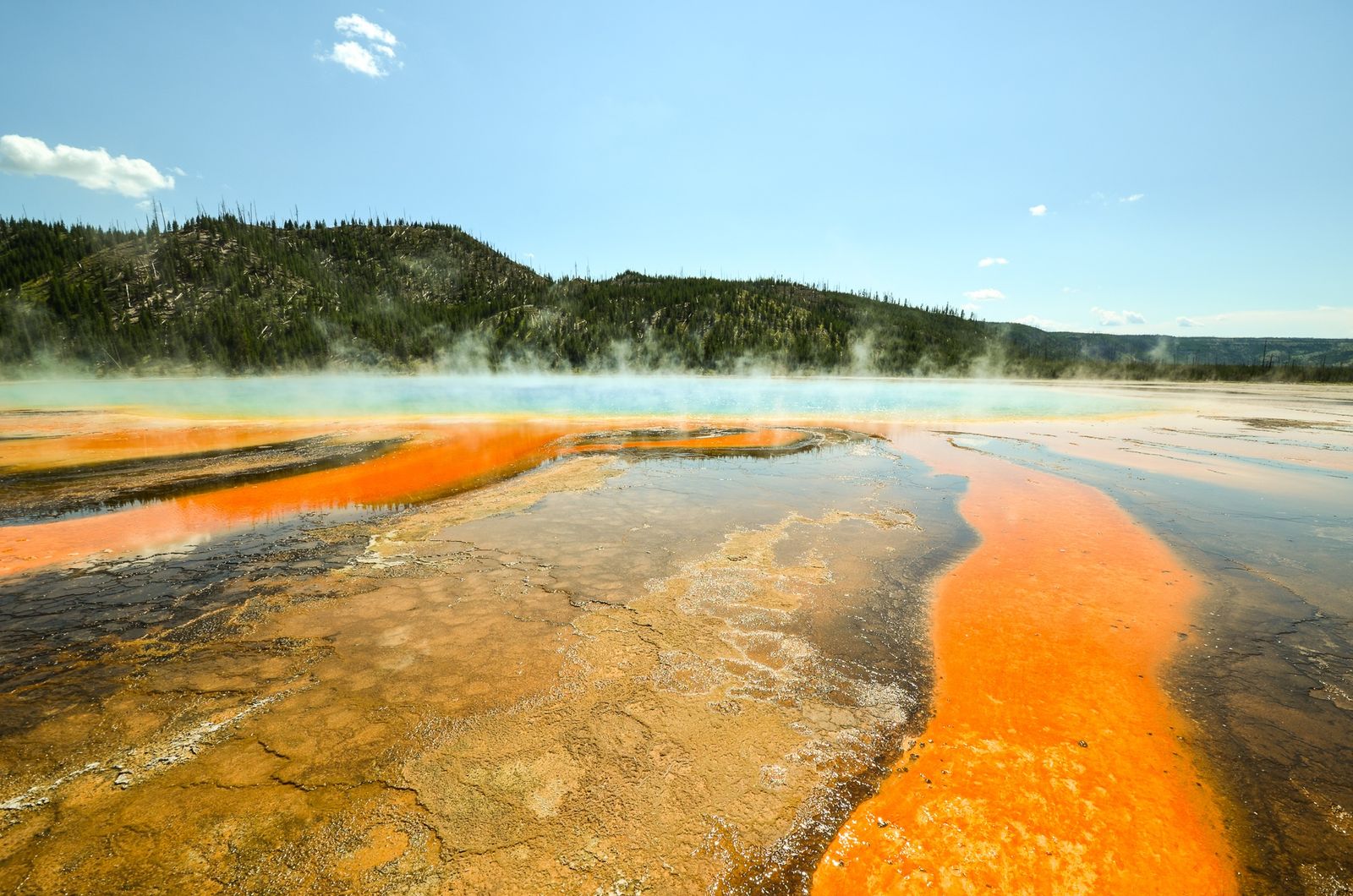 Grand Prismatic Spring's vivid blue and orange colors in Yellowstone National Park, a highlight stop on a Yellowstone road trip