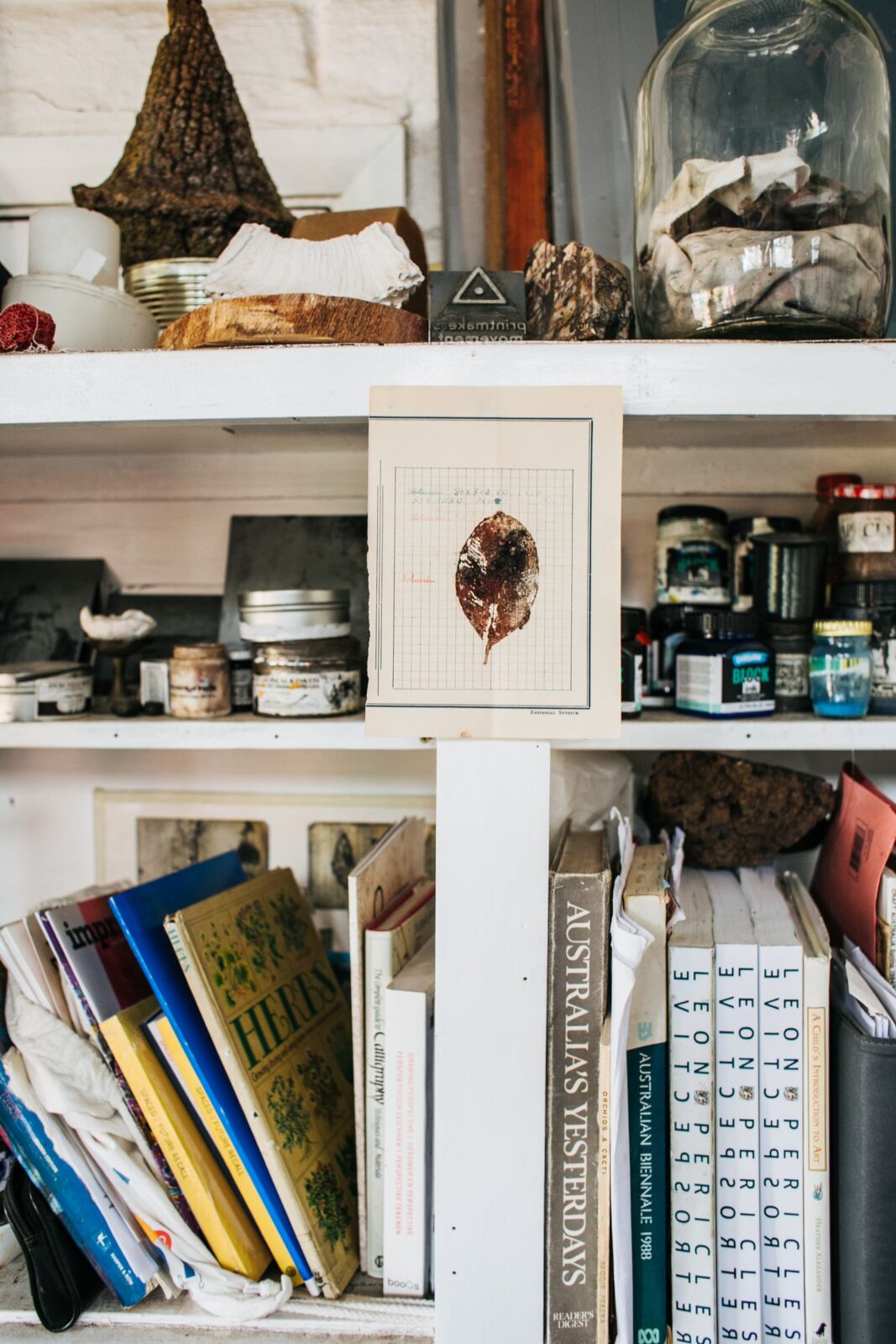White wall-mounted modular shelves holding books and decorative objects