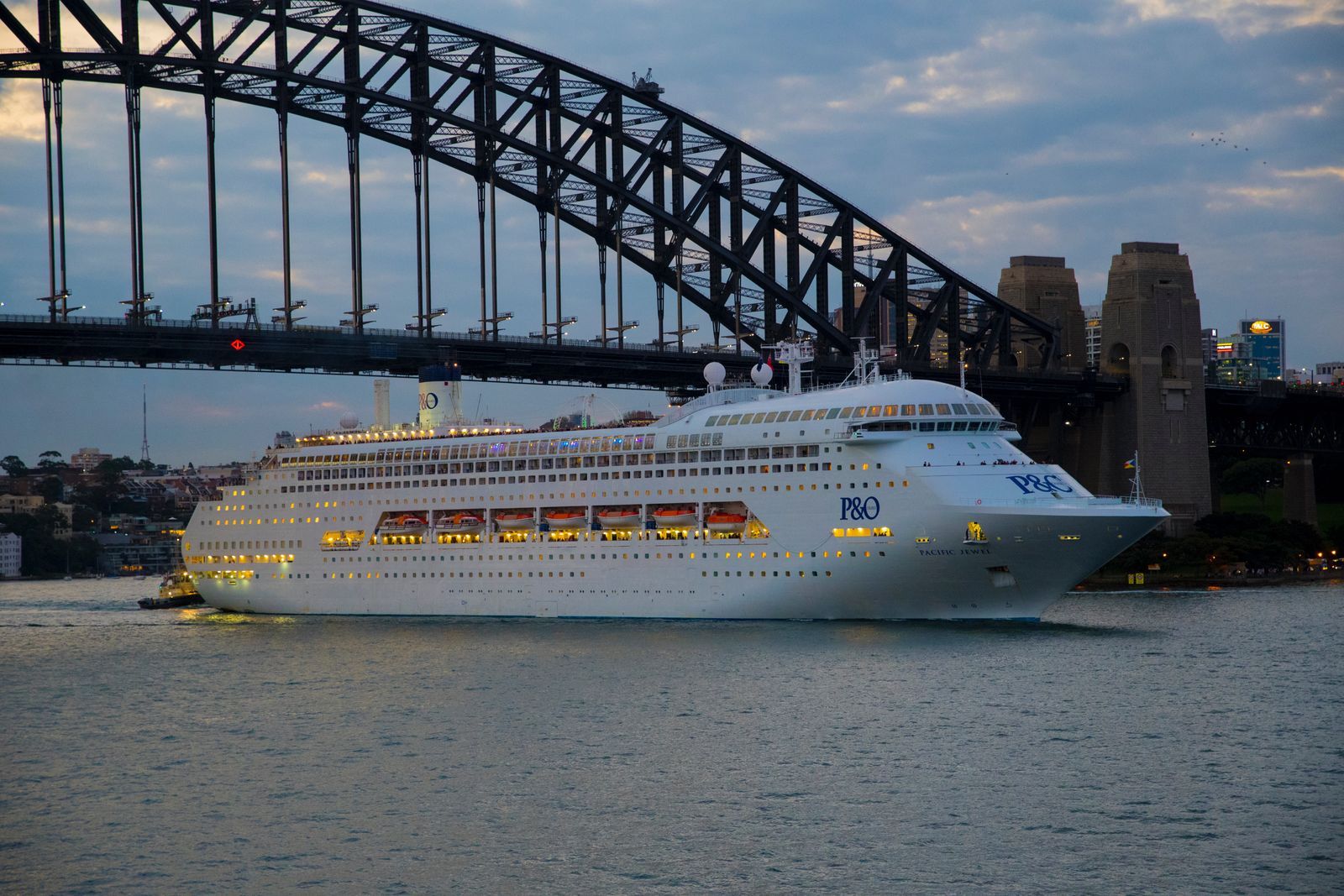 Cruise ship sailing along a mountainous coastline on a cool, cloudy day