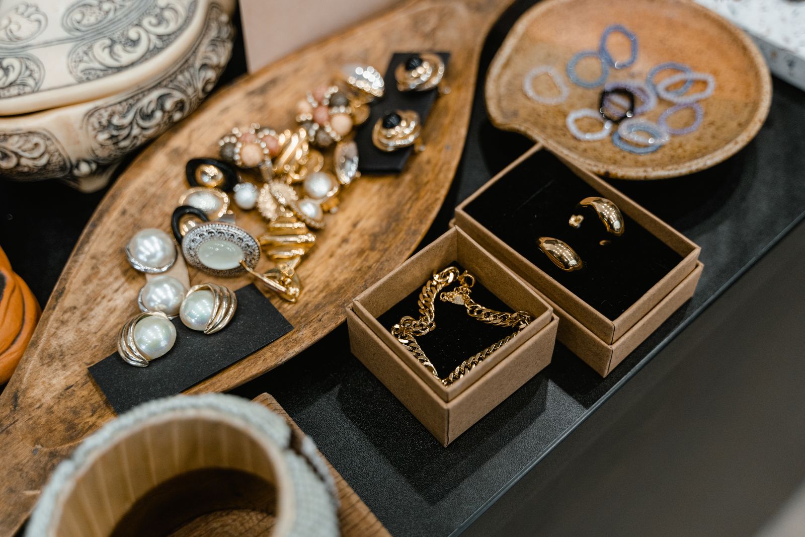 Necklaces, earrings and accessories arranged neatly in an organizer