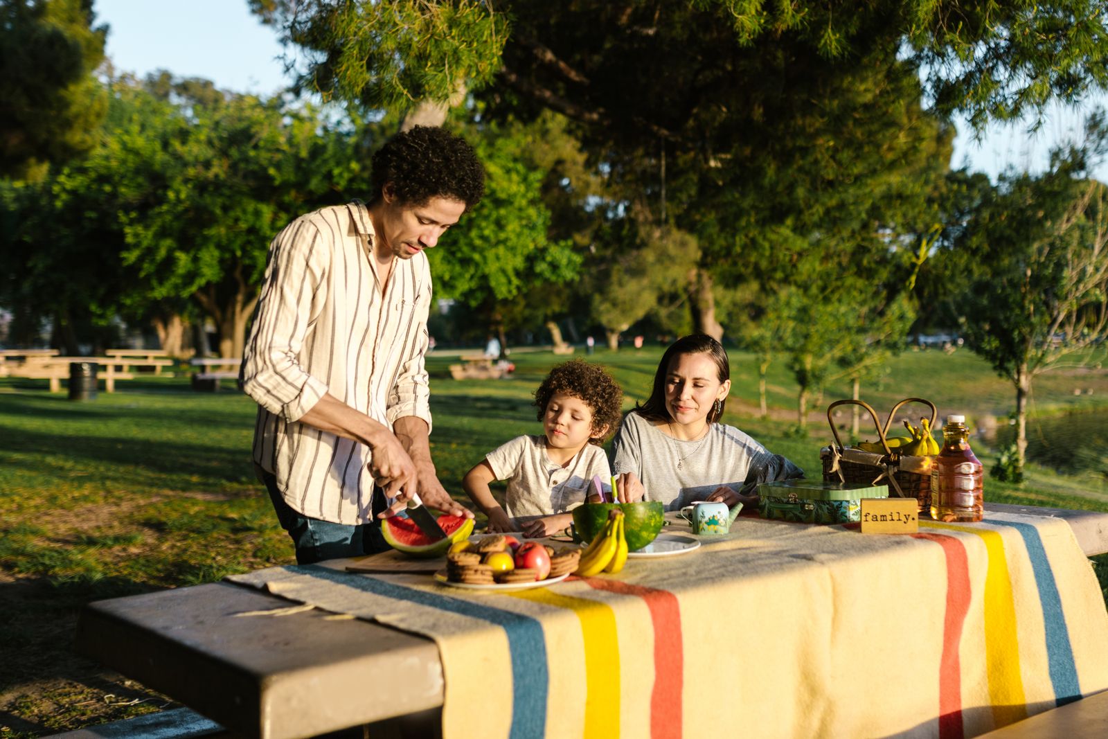 A family spending time together on a grassy lawn in a park