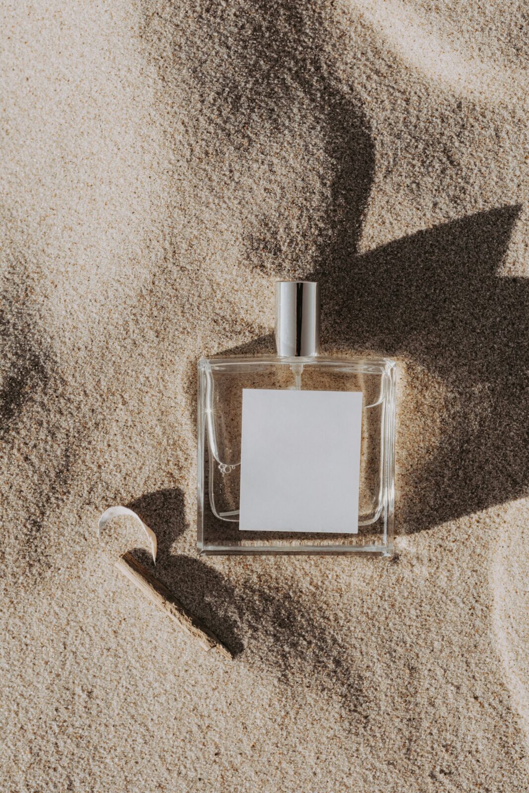 A minimalist clear perfume bottle beside driftwood on pale sand with coastal light