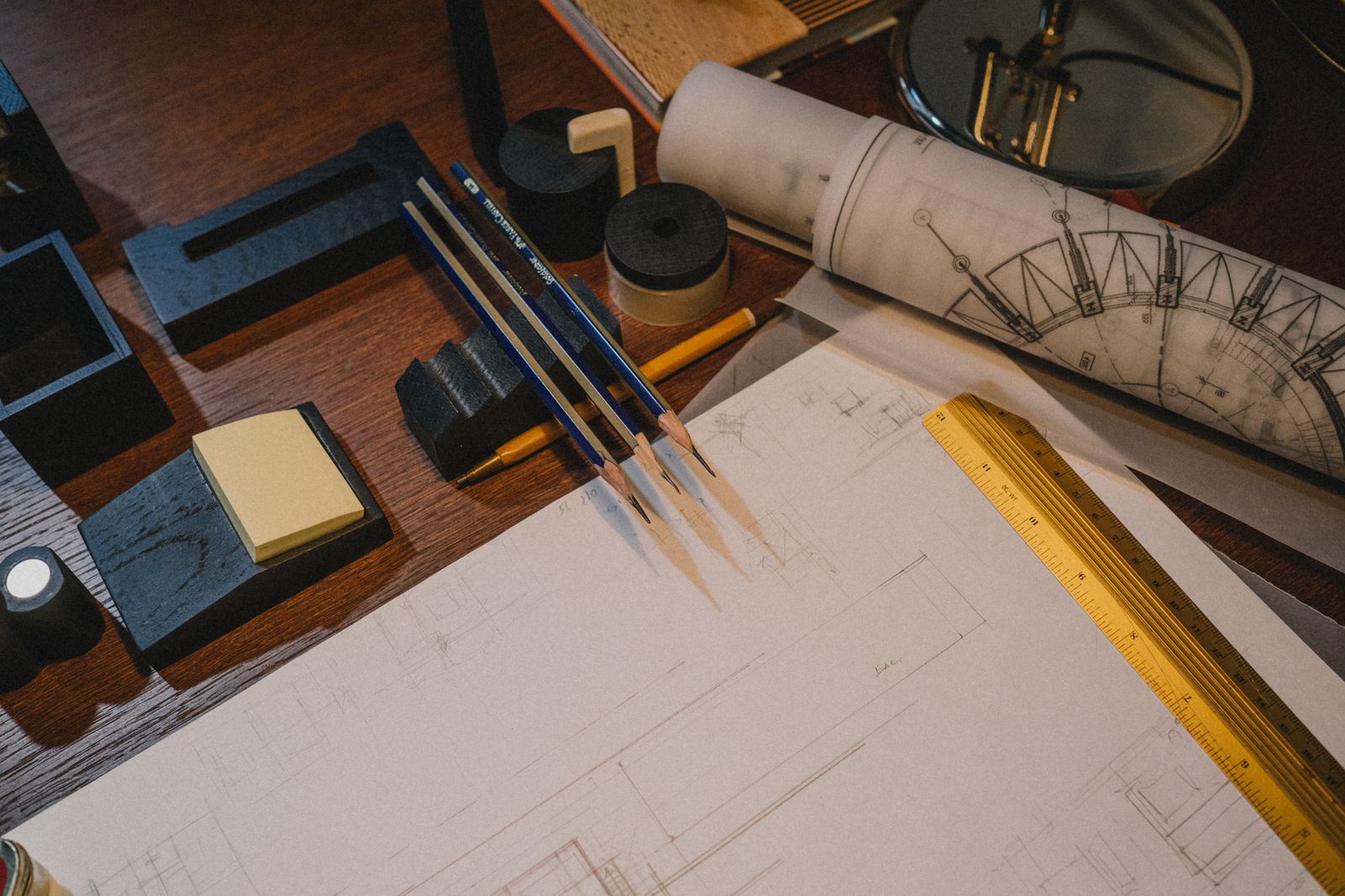 Close-up of craft and drawing accessories arranged on a desk
