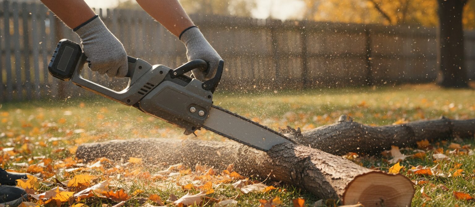 Person wearing work gloves using a battery-powered cordless chainsaw to cut a fallen branch in a yard covered with autumn leaves