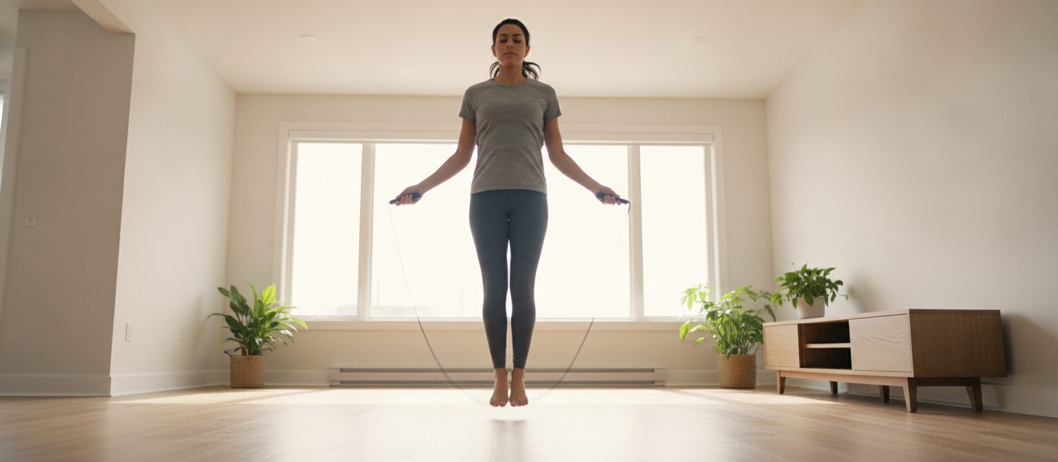 Person mid-jump doing a jump rope cardio workout in a bright apartment living room