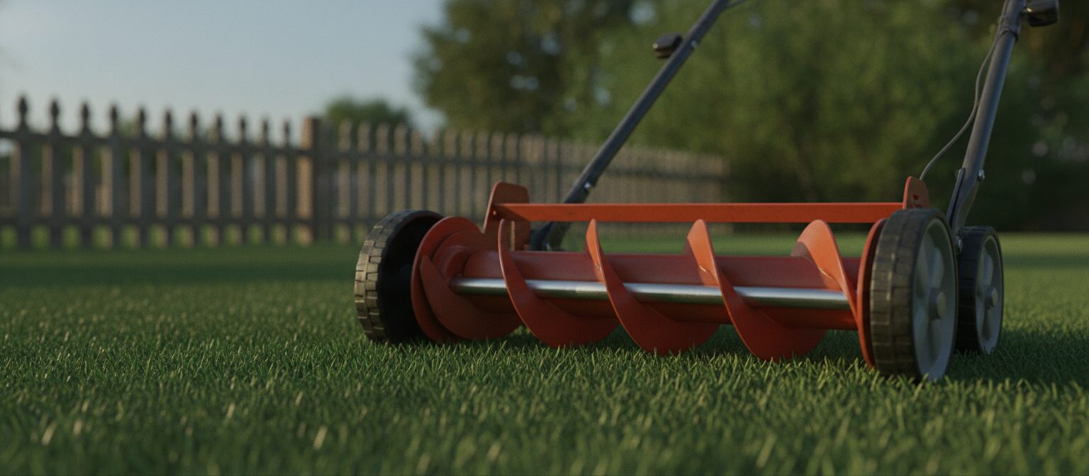 Close-up of a manual push reel mower's cutting cylinder resting on a small, neatly trimmed lawn