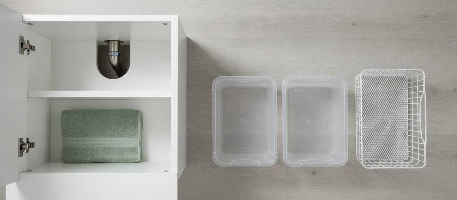 Empty white bathroom cabinet interior with stackable clear bins and a wire sliding basket arranged for under-sink storage