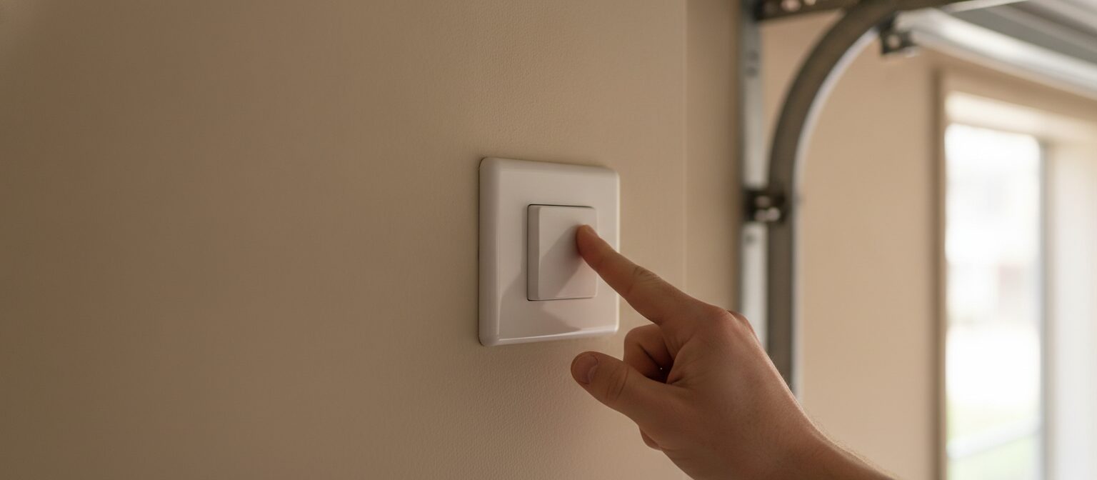 A hand pressing a plain, unbranded white wall-mounted button in a residential garage