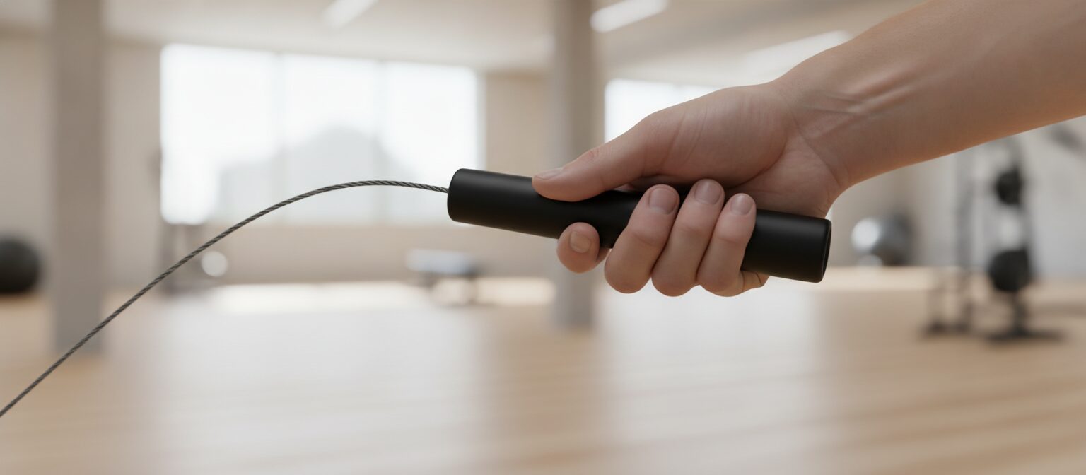 Close-up of a hand gripping a plain black jump rope handle mid-swing with motion-blurred cable