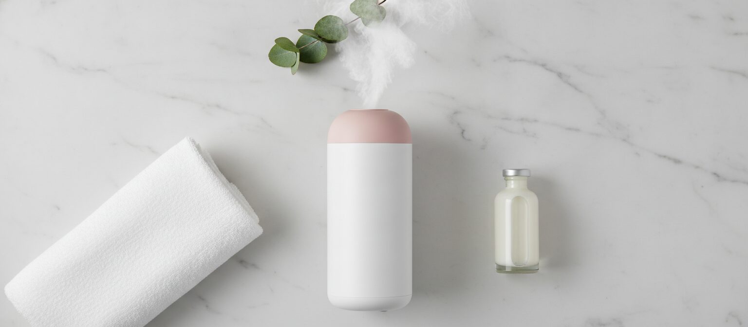 Facial steamer releasing gentle warm mist on a marble counter beside a folded towel and skincare bottle, styled for an at-home spa day