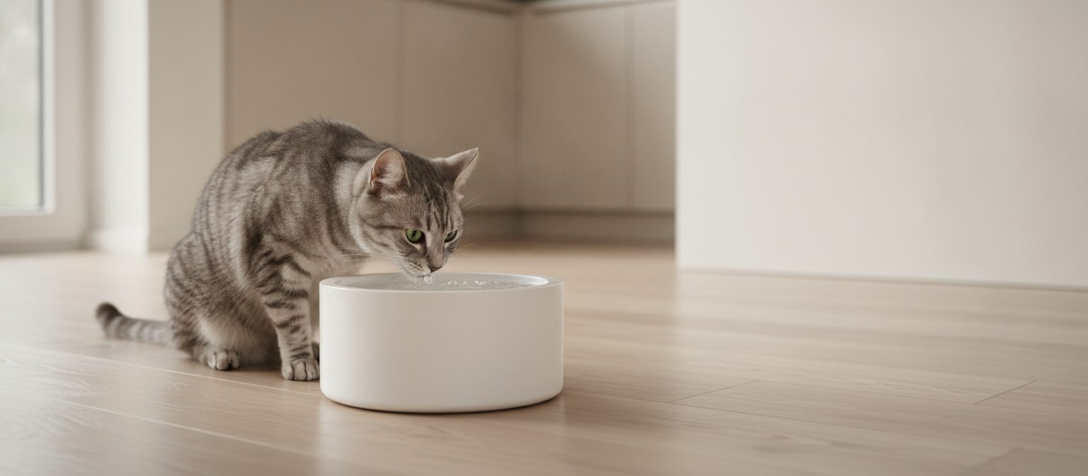 Gray tabby cat drinking from a plain white automatic pet water fountain on a kitchen floor