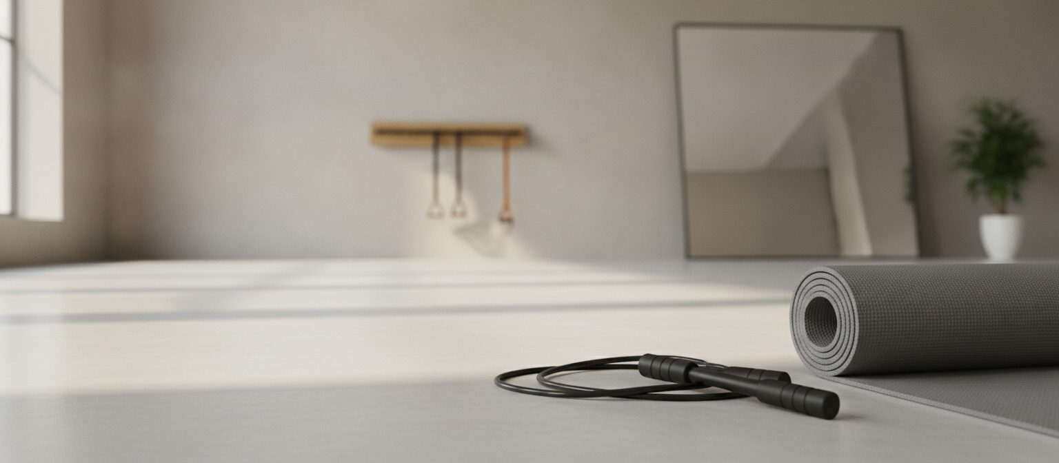 Unbranded jump rope with black handles coiled on a home gym floor near a rolled yoga mat