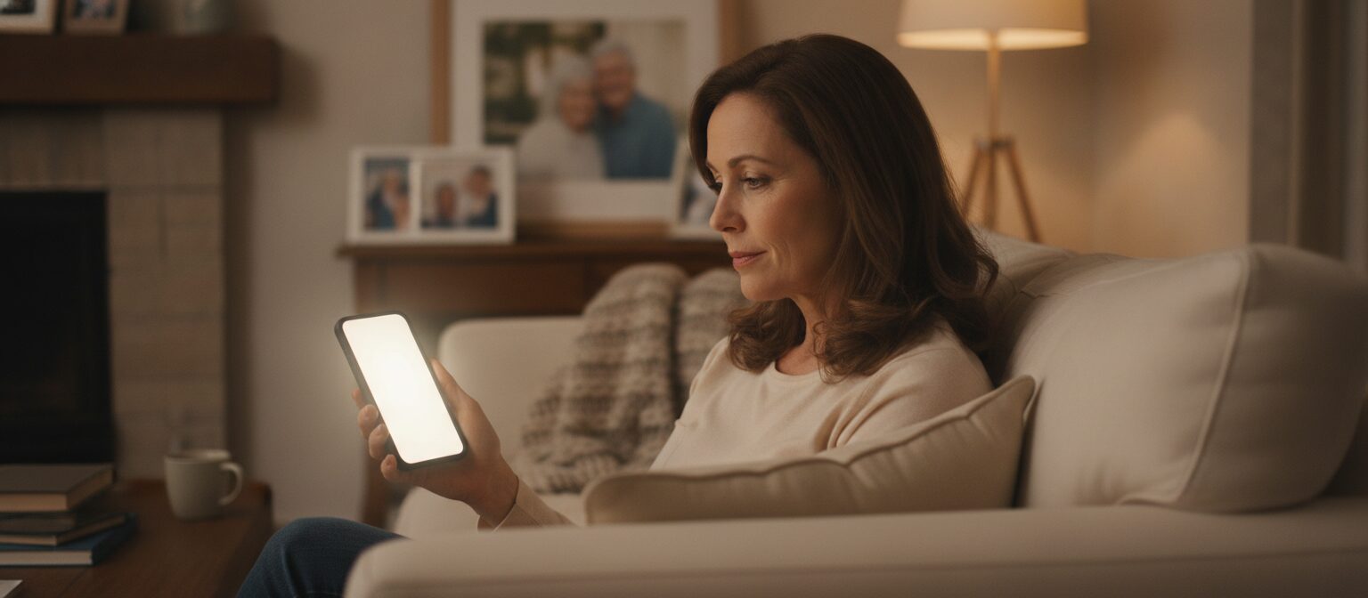 Woman sitting on a couch calmly looking at a smartphone screen