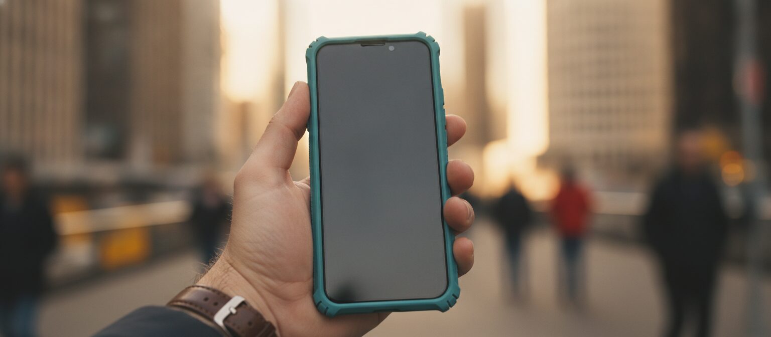Close-up of a hand gripping a textured teal rugged phone case with the phone screen turned away, on a blurred city commute background