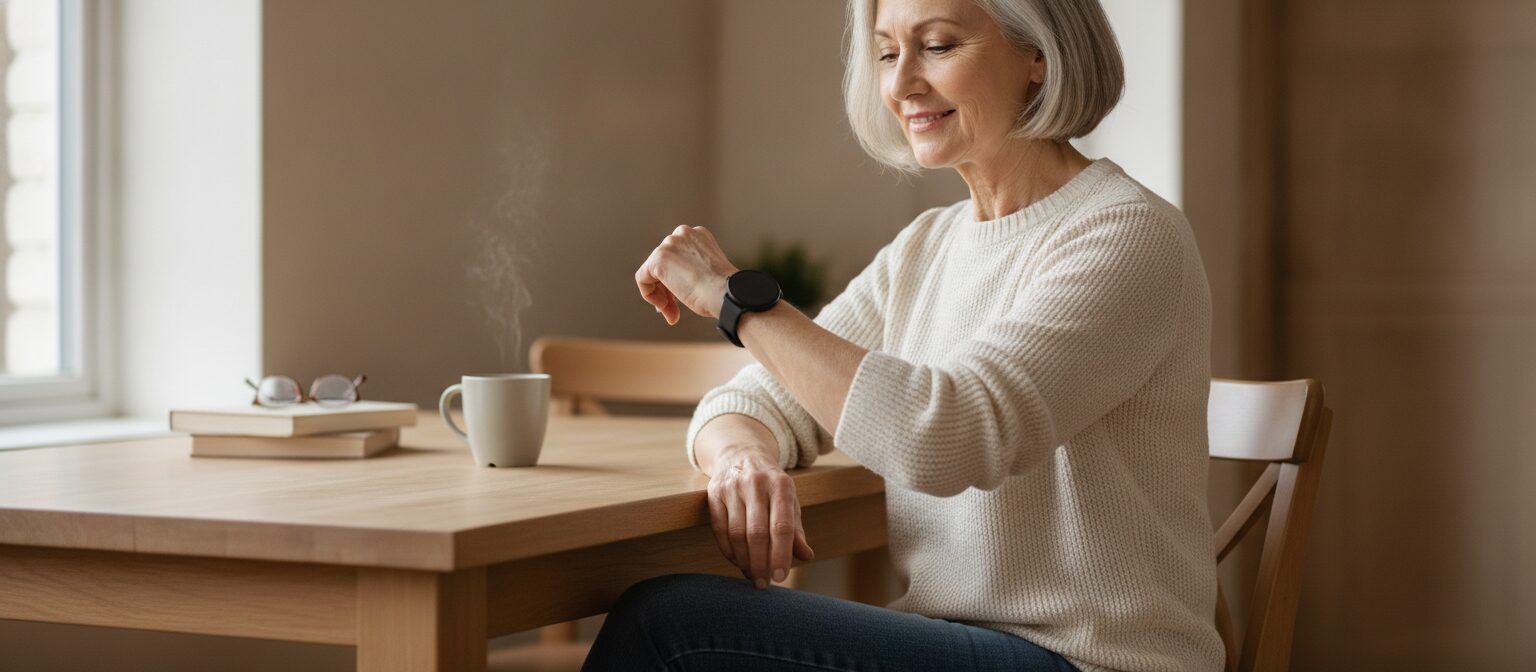 Older woman sitting at a kitchen table calmly looking at a smartwatch on her wrist