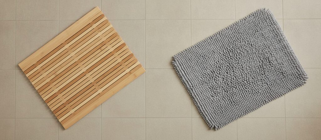 Overhead flat-lay of a bamboo slatted bath mat and a plush chenille bath mat placed side by side on tile flooring