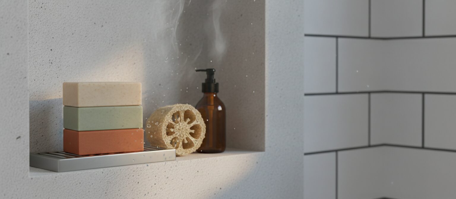 Three unlabeled solid shampoo bars in earthy colors standing on a slotted stainless steel soap tray on a steamy shower shelf