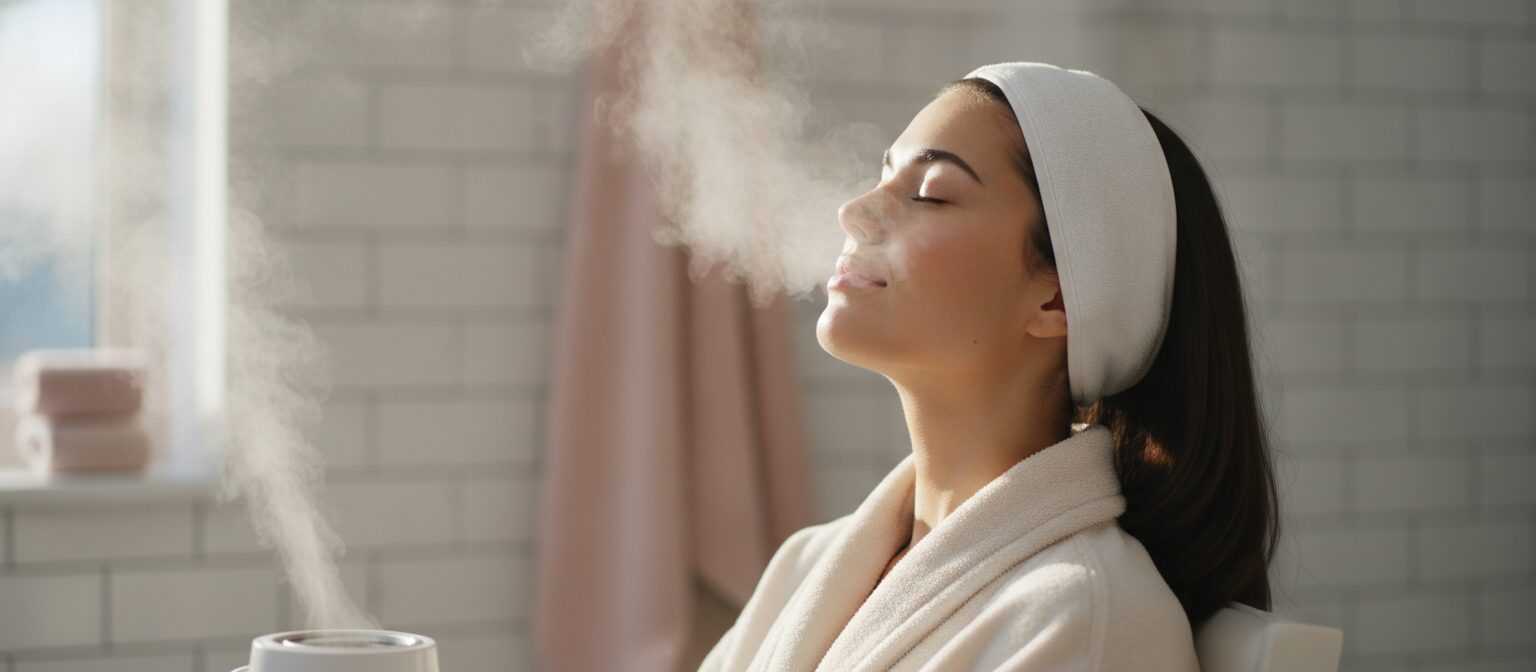 Person leaning back with eyes closed while warm mist from a facial steamer passes over their skin at a safe distance