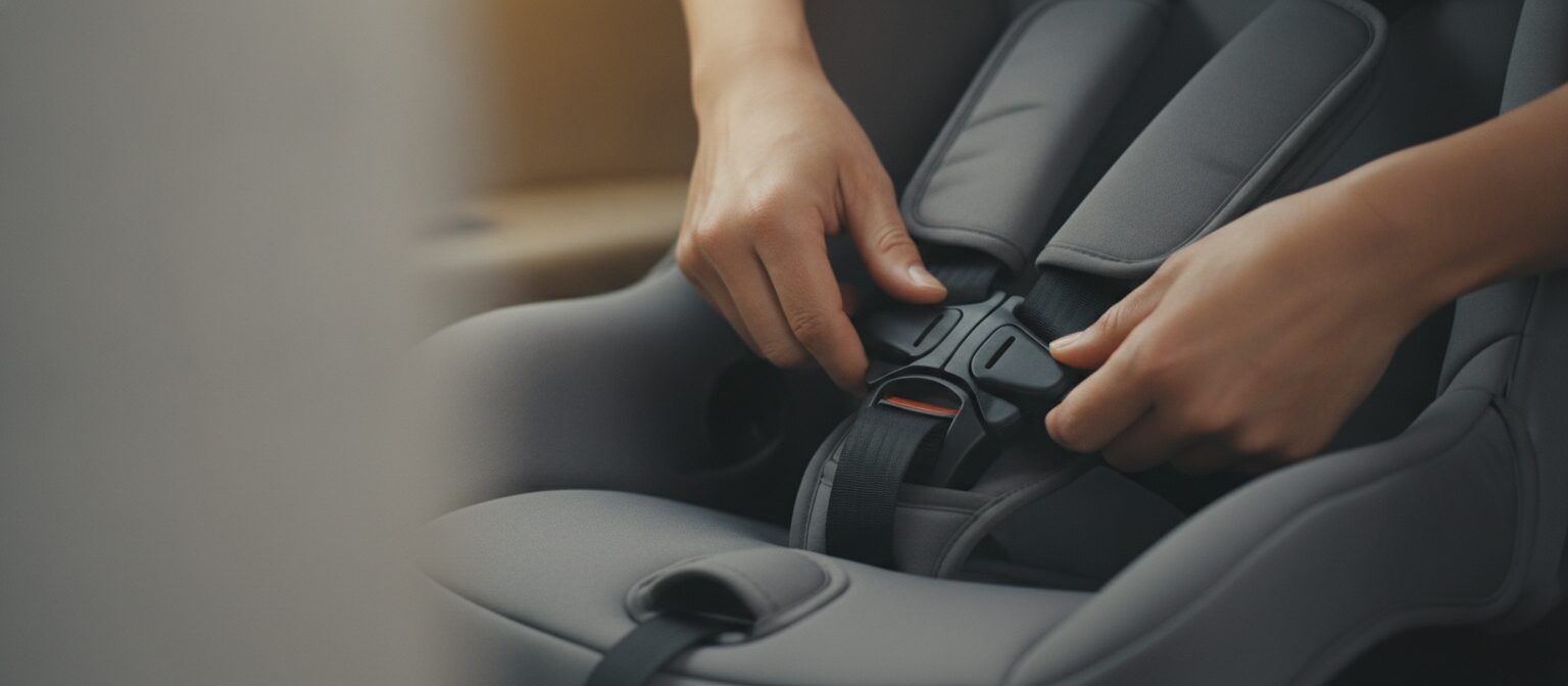 Close-up of a parent's hands adjusting the harness straps on a convertible car seat