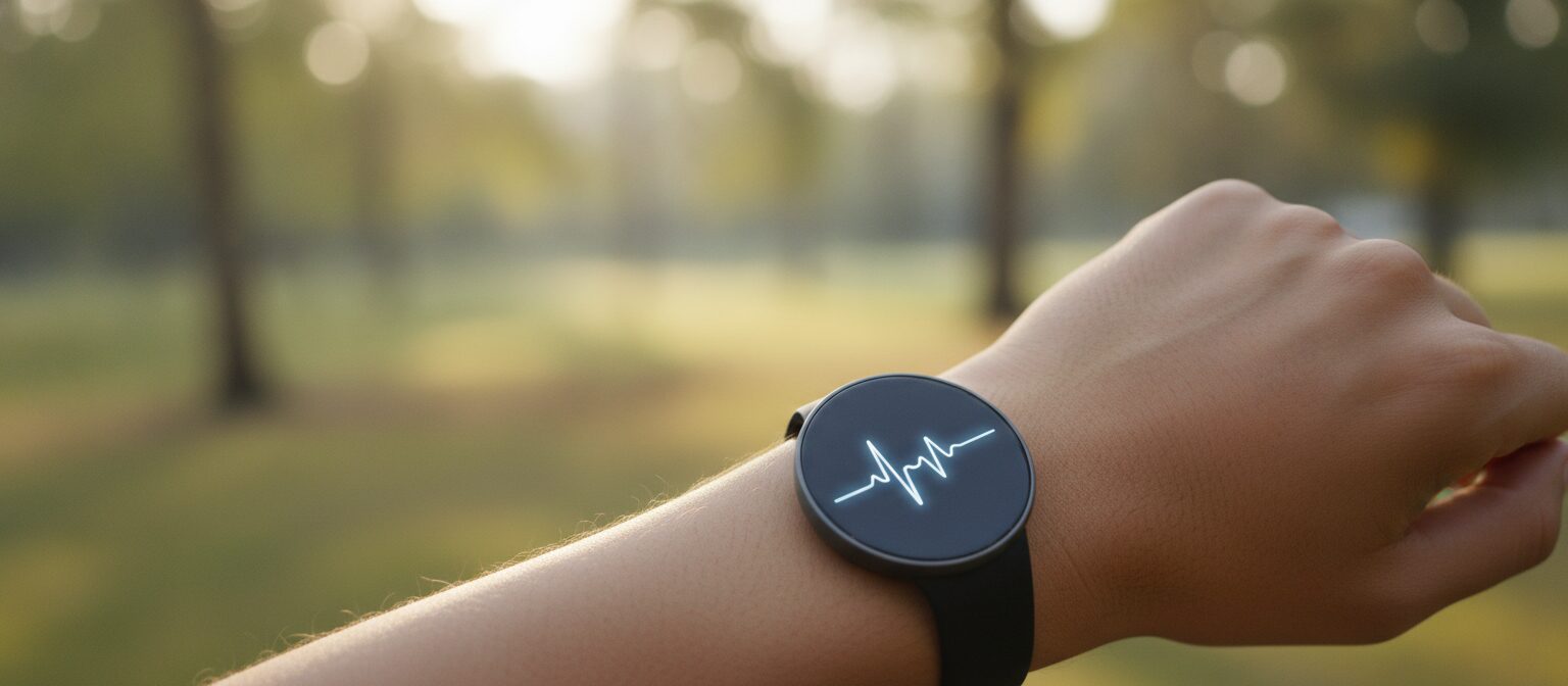 Close-up of a wrist wearing an unbranded smartwatch outdoors with soft morning light