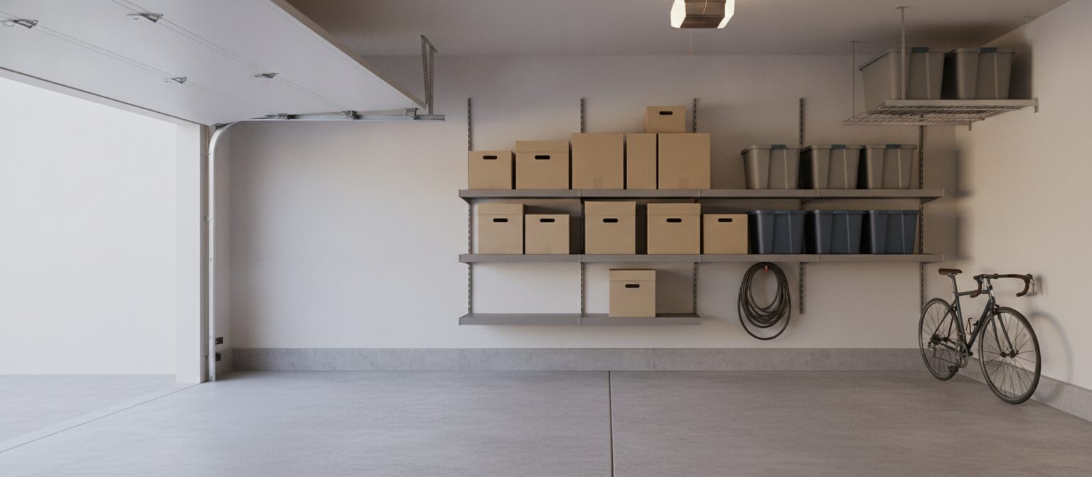 Small garage interior with a wall-mounted shelving system and an overhead ceiling storage rack holding plastic bins