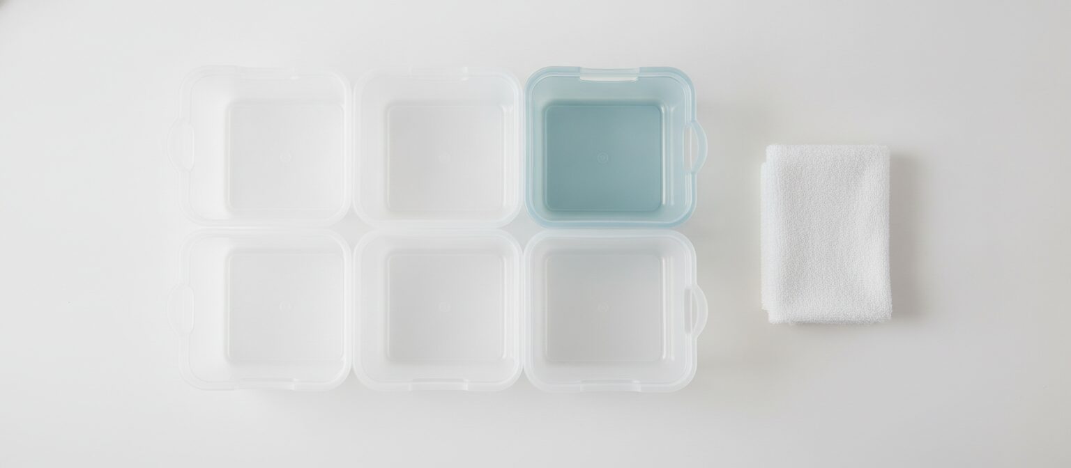 Five empty clear stackable storage bins with handles arranged in a grid on a bathroom countertop