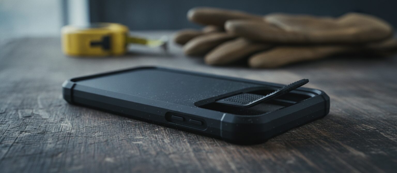 Close-up of a matte black rugged phone case with an open port cover flap resting on a wooden workbench with blurred tools in the background