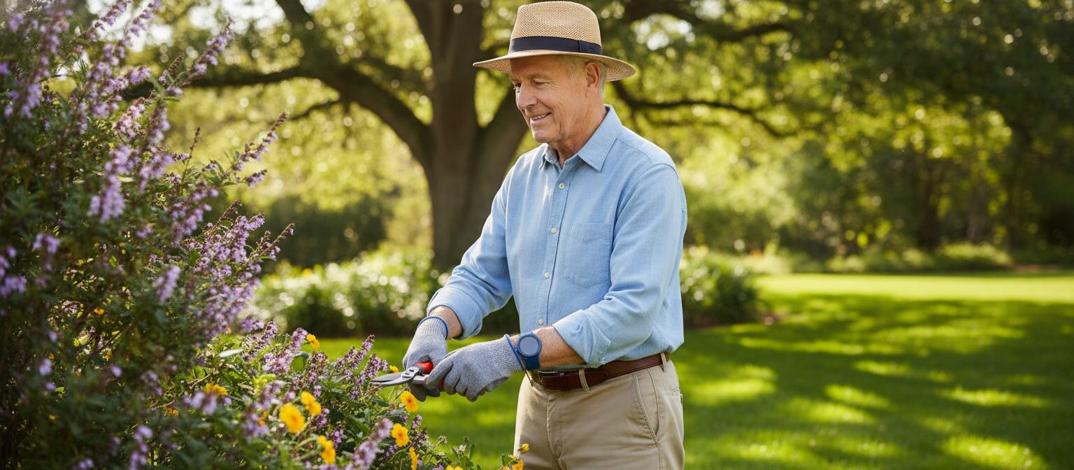 Senior man smiling while gardening outdoors, wearing a plain wristband device