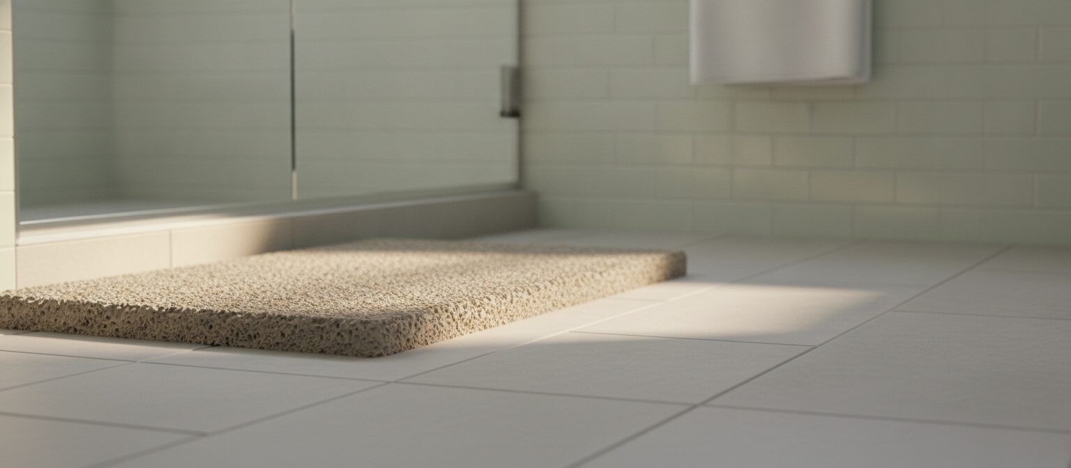 Light-filled modern bathroom with a textured stone bath mat on the tile floor in front of a glass shower