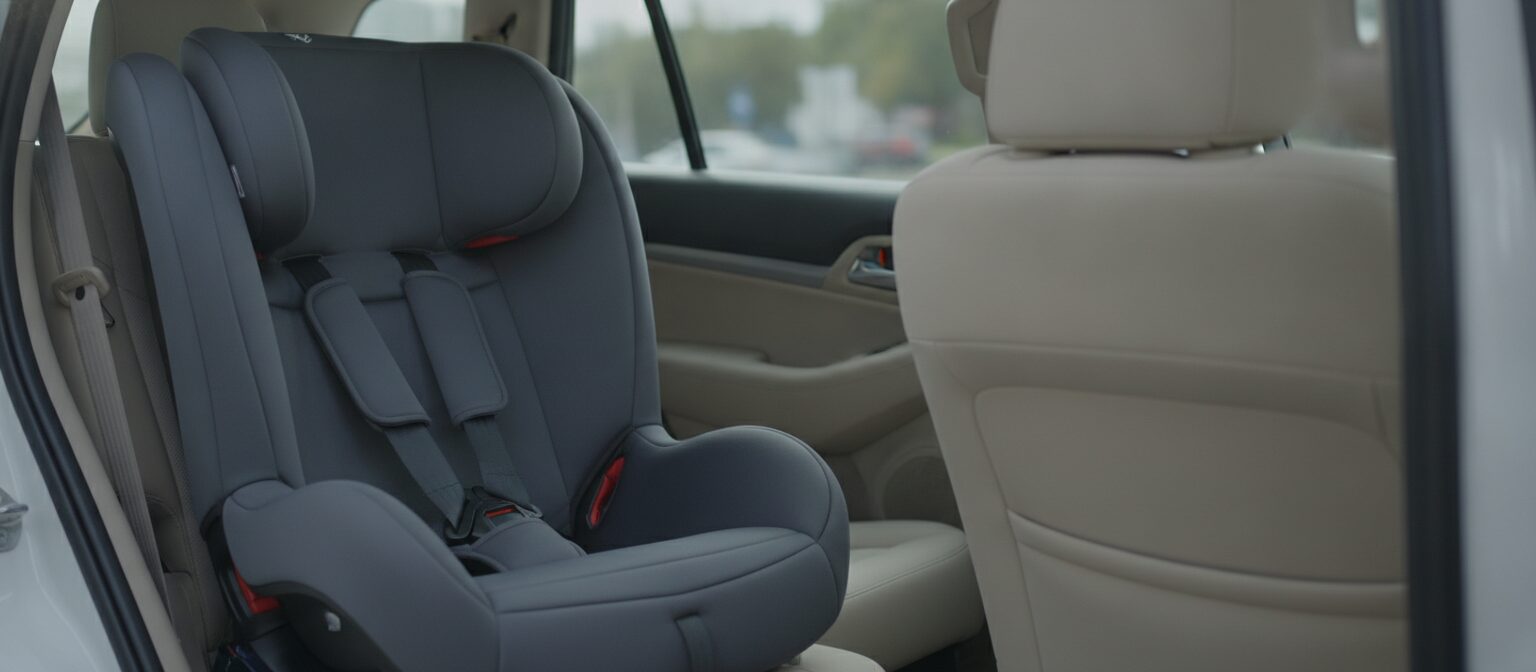 Empty convertible car seat installed rear-facing in the back seat of a car