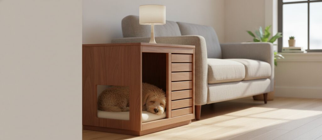 A small dog resting inside a furniture-style dog crate that doubles as a wooden end table