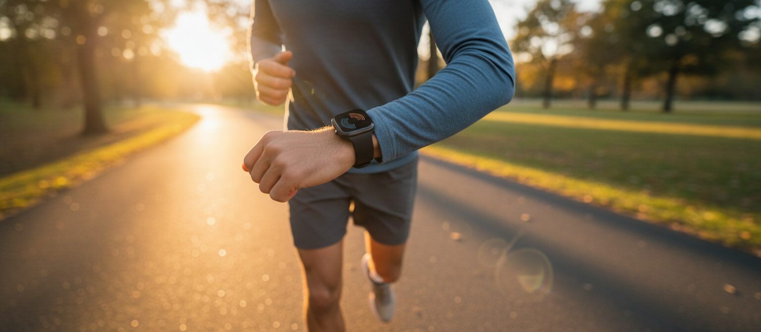 Runner glancing at an unbranded smartwatch on their wrist while jogging outdoors at golden hour