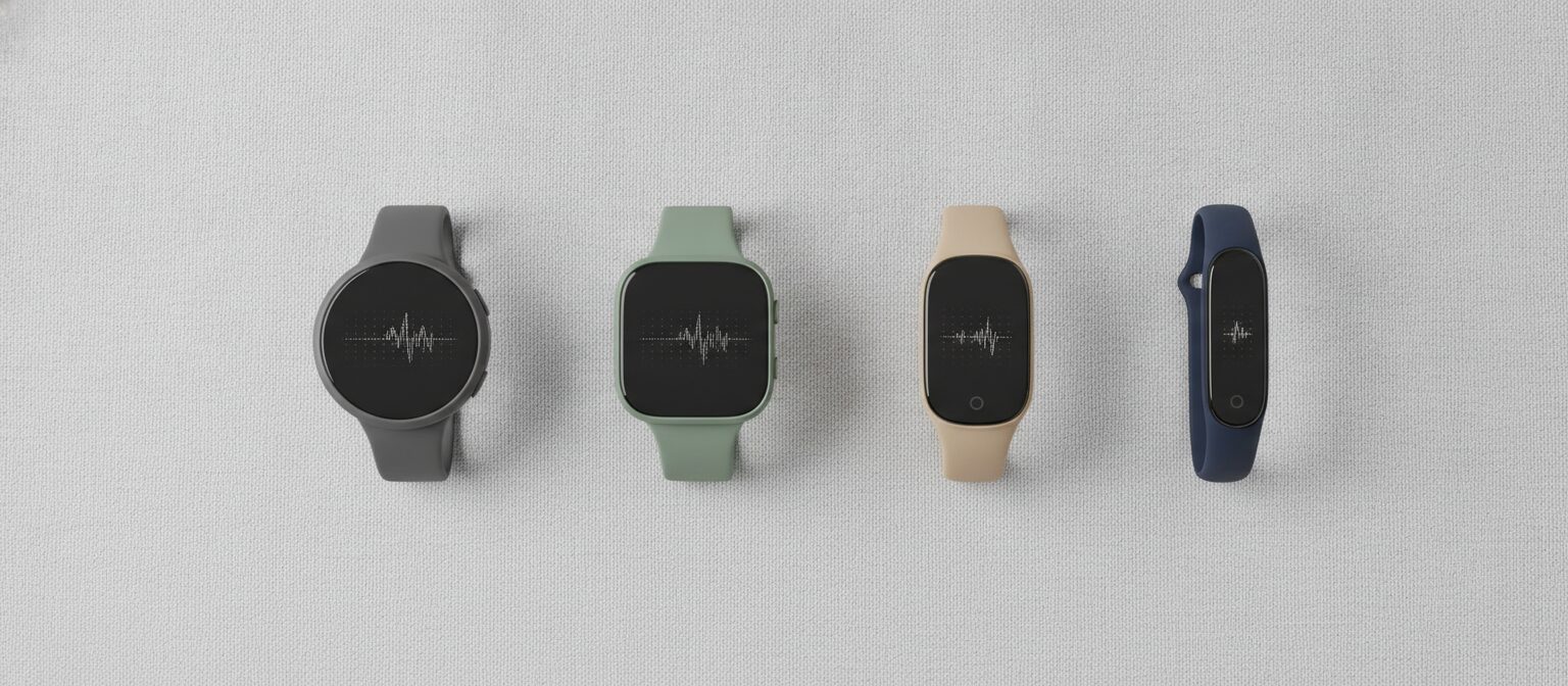 Flat lay of four different unbranded budget smartwatches and fitness bands arranged on a grey surface