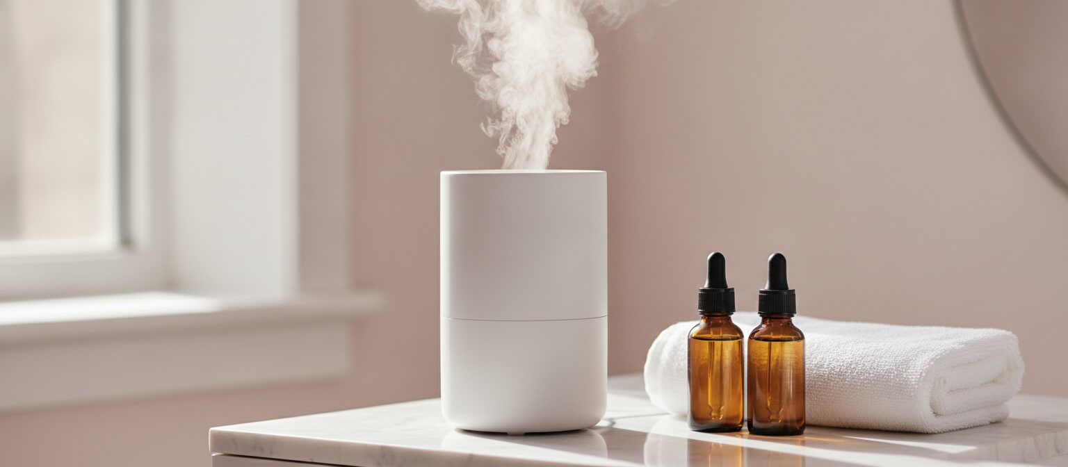 Close-up of warm facial steam rising over a folded white spa towel and unlabeled skincare bottles on a bathroom counter