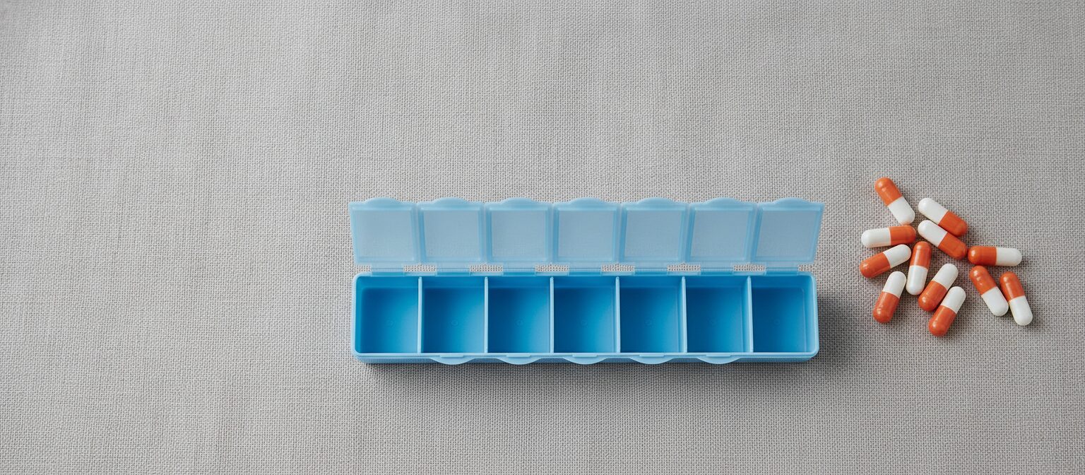 Empty seven-day plastic pill organizer with open compartments on a neutral surface next to loose vitamin capsules