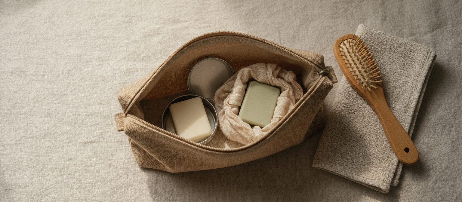 Open canvas toiletry pouch containing two unlabeled solid shampoo bars, a small tin, a bamboo brush, and a folded washcloth